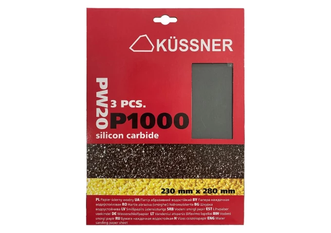 Papier de verre pour PEINTURES . VERNIS . MASTICS  avec grain *1000* 230x280mm Kussner 3pièces