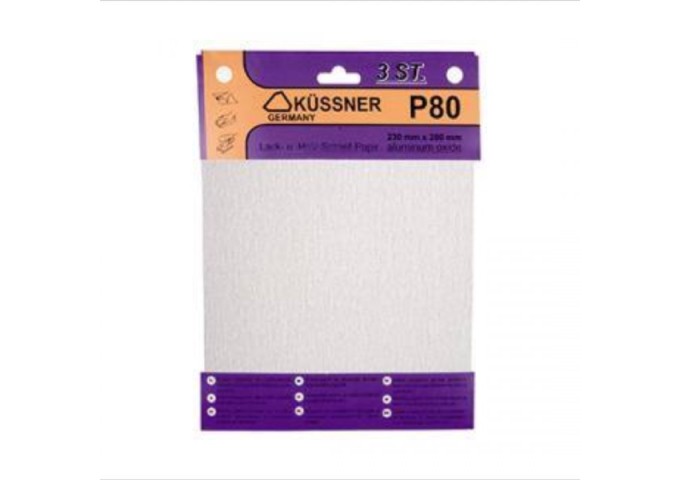 Papier de verre BLANC pour BOIS avec PEINTURE avec grain *80* 230x280mm Kussner 3pièces