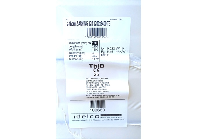 Isolant PIR IDELCO a.therm SARKING 12cm Toitures 0022 T&M 1200x2400mm pur Panneau 2.88m²