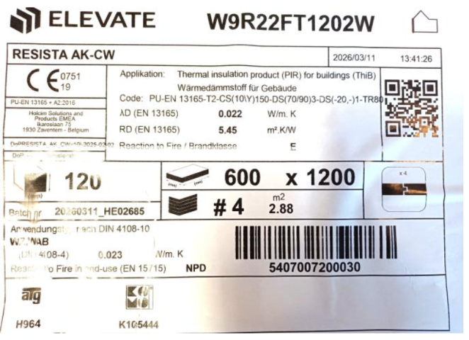 Isolant PIR 12cm Elevate RESISTA AK.CW ALU 0022 T&M 1200x600mm pur Panneau 0.72m²